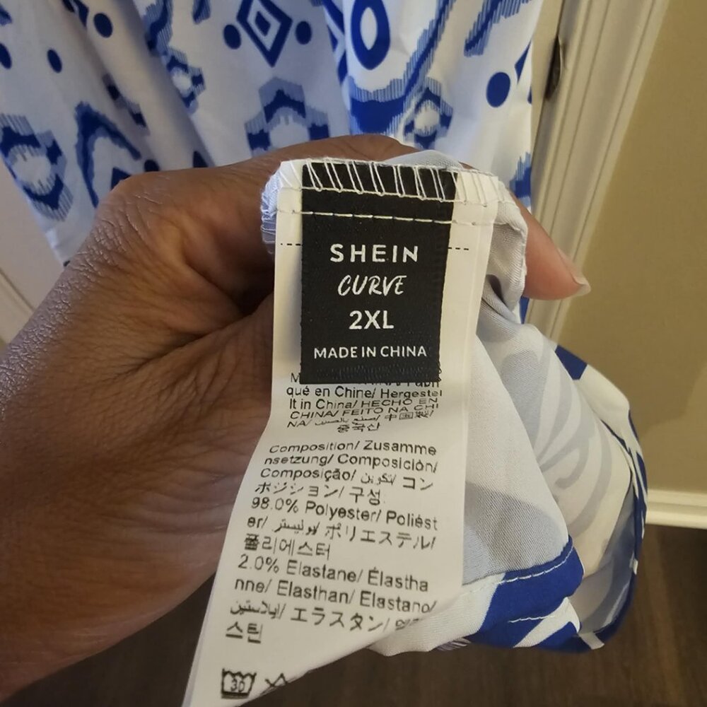 2X Plus Sz Blue & White Women Pre-loved Boho Vacation Floral Print Square Collar - Picture 3 of 3